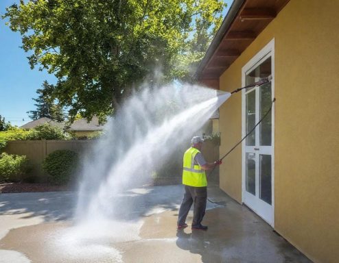 Person in a safety vest using a pressure washer on a building exterior.